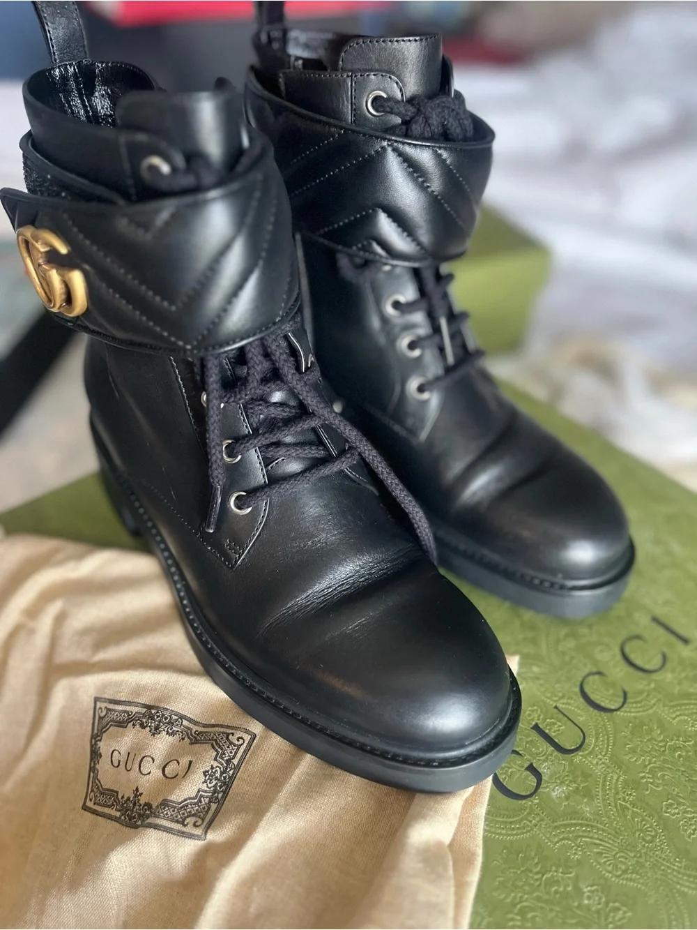 Gucci Black Leather Ankle Combat Boots with Gold Double-G Strap